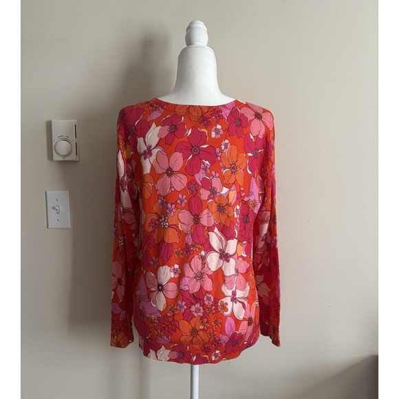 Talbots Womens Petite Large Pullover Top Floral Pink Orange Cotton Preppy Casual - Picture 6 of 6